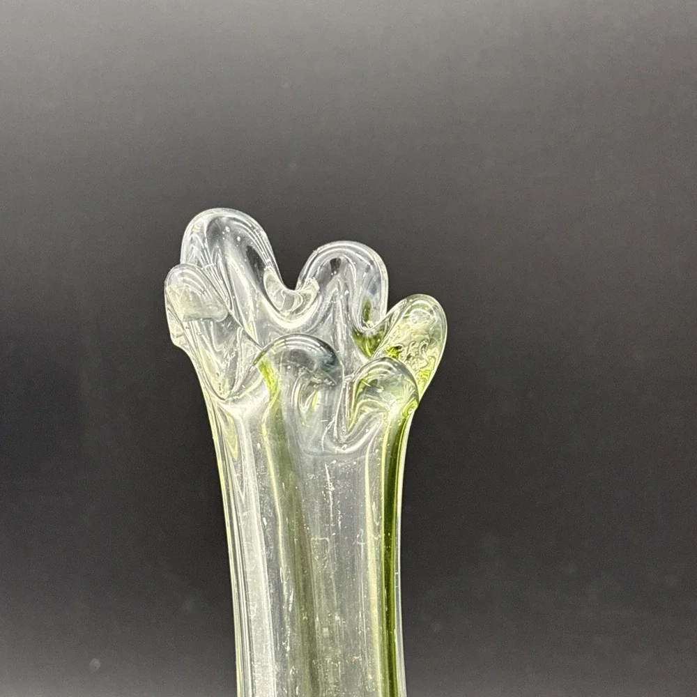 Vintage MCM Green Cased Glass Swung Vase 6 Finger Mid Century Art Glass Bud Vase